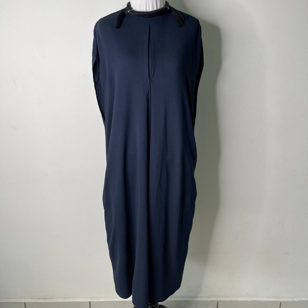 LANVIN Women's Navy Blue Shift Rope Trim Crew Neckline Shift Dress FR 34 / 2 US